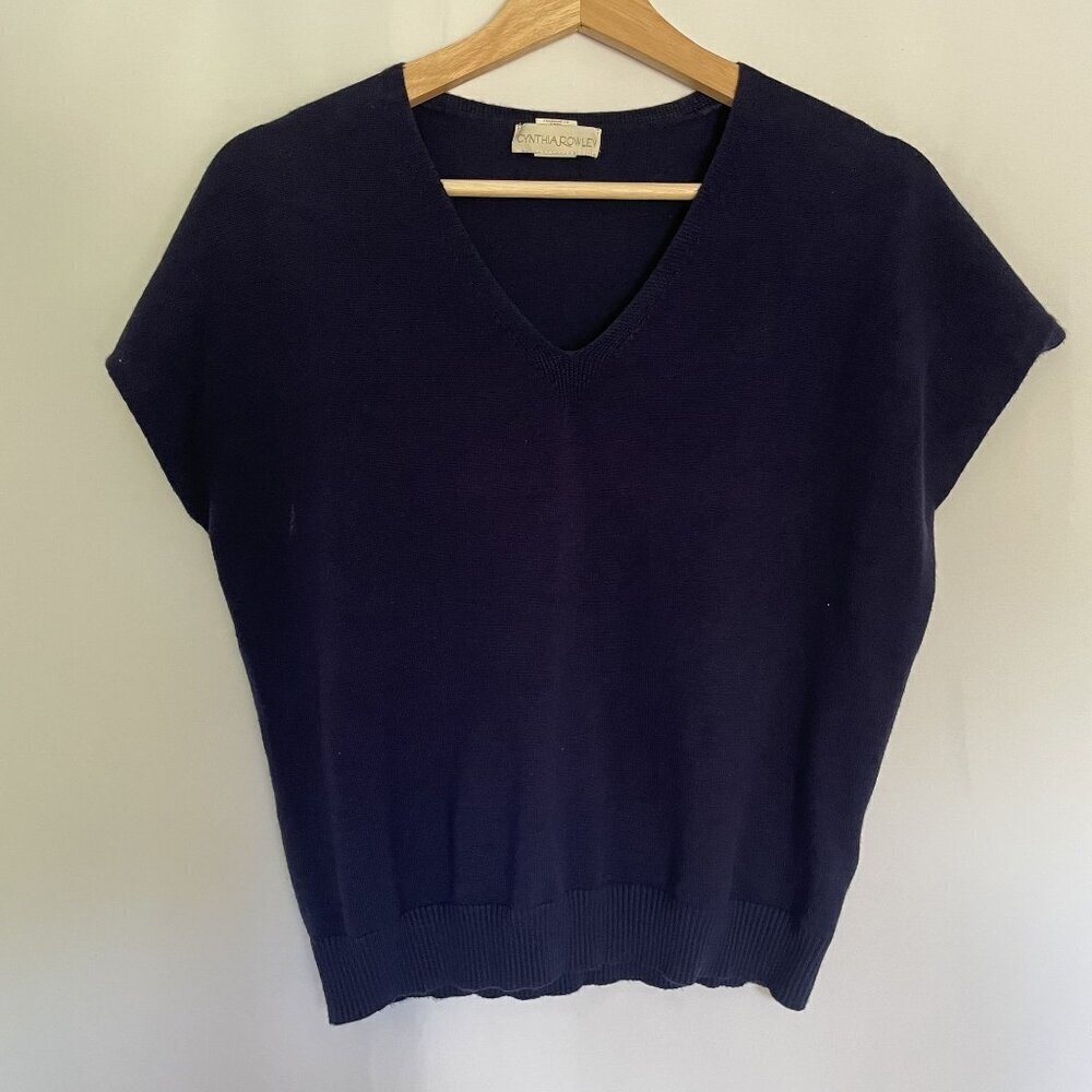 Cynthia Rowley Sz S v-neck knit short sleeved blouse top indigo blue rayon shirt